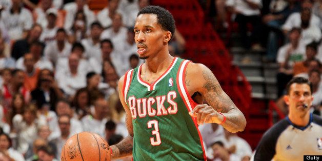 MIAMI, FL - APRIL 23: Brandon Jennings #3 of the Milwaukee Bucks advances the ball against the Miami Heat in Game Two of the Eastern Conference Quarterfinals during the 2013 NBA Playoffs on April 23, 2013 at American Airlines Arena in Miami, Florida. NOTE TO USER: User expressly acknowledges and agrees that, by downloading and/or using this photograph, user is consenting to the terms and conditions of the Getty Images License Agreement. Mandatory copyright notice: Copyright NBAE 2013 (Photo by Issac Baldizon/NBAE via Getty Images)