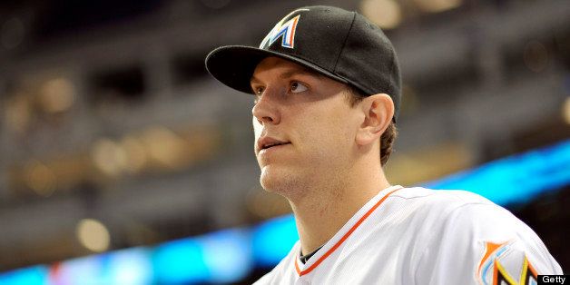 MIAMI, FL - JULY 1: Logan Morrison #5 of the Miami Marlins prior to a game against the San Diego Padres at Marlins Park on July 1, 2013 in Miami, Florida. (Photo by Steve Mitchell/Getty Images)