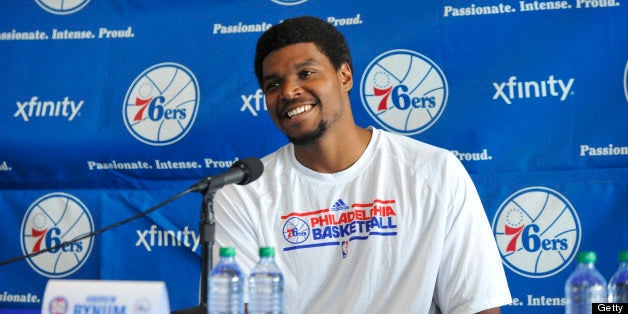 PHILADELPHIA, PA - August 15 : Andrew Bynum #33 of the Philadelphia 76ers speaks to the media during a press conference after being traded from the Los Angeles Lakers on August 15, 2012 at the National Constitution Center in Philadelphia, Pennsylvania. NOTE TO USER: User expressly acknowledges and agrees that, by downloading and or using this photograph, User is consenting to the terms and conditions of the Getty Images License Agreement. Mandatory Copyright Notice: Copyright 2012 NBAE (Photo by David Dow/NBAE via Getty Images)