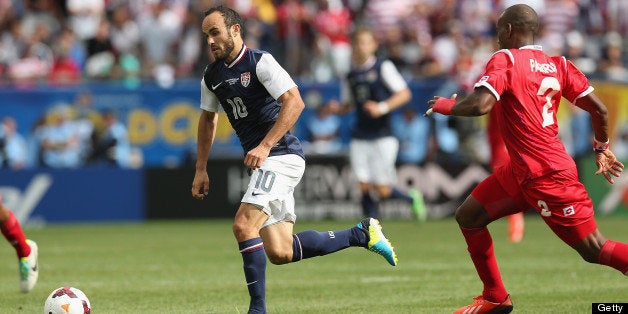 CHICAGO, IL - JULY 28: Landon Donovan #10 of the United States brings the ball up the field against Panama during the CONCAC