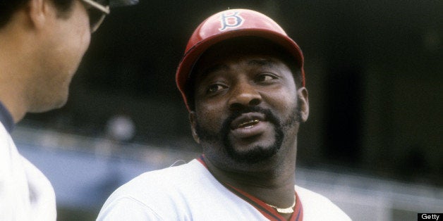 NEW YORK - CIRCA 1977: George Scott #15 of the Boston Red Sox talks with Reggie Jackson #44 of the New York Yankees before a Major League Baseball game circa 1977 at Yankee Stadium in the Bronx borough of New York City. Scott played for the Red Sox from 1966-71 and 1977-79. (Photo by Focus on Sport/Getty Images)