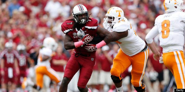 COLUMBIA, SC - OCTOBER 27: Jadeveon Clowney #7 of the South Carolina Gamecocks rushes against Antonio Richardson #74 of the Tennessee Volunteers during the game at Williams-Brice Stadium on October 27, 2012 in Columbia, South Carolina. South Carolina won 38-35. (Photo by Joe Robbins/Getty Images)