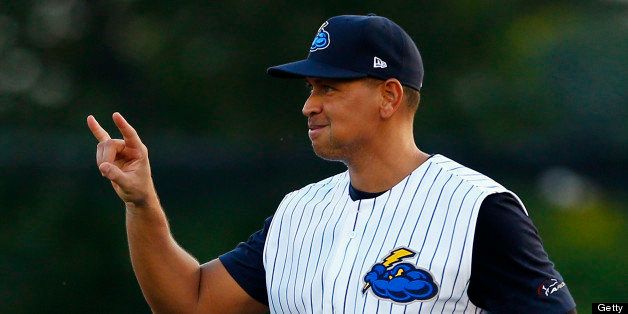 TRENTON, NJ - AUGUST 2: Third baseman Alex Rodriguez #13 of the New York Yankees signals two outs in a rehab game for the Trenton Thunder against the Reading Fightin Phils at Arm & Hammer Park on August 2, 2013 in Trenton, New .Jersey. (Photo by Rich Schultz/Getty Images)
