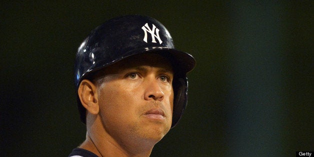 TRENTON, NJ - AUGUST 03: Alex Rodriguez #13 of the New York Yankees stands on third base during a rehab game for the Trenton