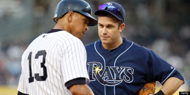 NEW YORK - JULY 17: Alex Rodriguez #13 of the New York Yankees and Evan Longoria #3 of the Tampa Bay Rays talk during their game on July 17, 2010 at Yankee Stadium in the Bronx borough of New York City. (Photo by Mike Stobe/Getty Images)