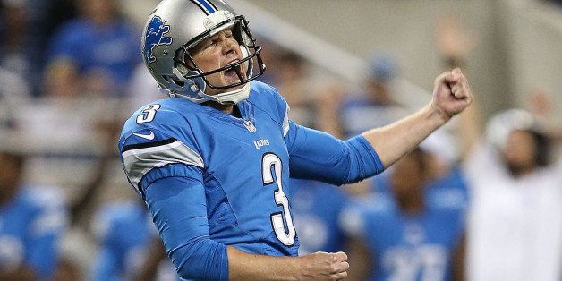 DETROIT, MI - AUGUST 09: Havard Rugland #3 of the Detroit Lions celebrates a 49 yard field goal during the third quarter of the pre-season game against the New York Jets at Ford Field on August 9, 2013 in Detroit, Michigan. (Photo by Leon Halip/Getty Images)