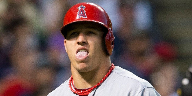 CLEVELAND, OH - AUGUST 9: Mike Trout #27 of the Los Angeles Angels of Anaheim reacts after striking out in the fifth inning against the Cleveland Indians at Progressive Field on August 9, 2013 in Cleveland, Ohio. (Photo by Jason Miller/Getty Images)