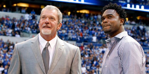 Colts owner Jim Irsay honored former Colt Edgerrin James during a halftime presentation on Sunday, September 23, 2012, in Indianapolis, Indiana. The Jaguars won the game 22-17. (Sam Riche/MCT via Getty Images)