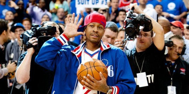 PHILADELPHIA, PA - MAY 23: Allen Iverson greets the crowd at the Wells Fargo Center on May 23, 2012 in Philadelphia, Pennsylvania. Iverson's original Reebok Question re-launches Friday, May 25th for the first time since 1996. (Photo by Jeff Fusco/Getty Images for Reebok)