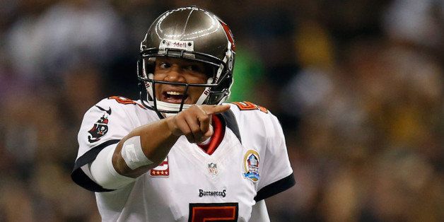 NEW ORLEANS, LA - DECEMBER 16: Josh Freeman #5 of the Tampa Bay Buccaneers reacts during the game against the New Orleans Saints at the Mercedes-Benz Superdome on December 16, 2012 in New Orleans, Louisiana. (Photo by Chris Graythen/Getty Images)