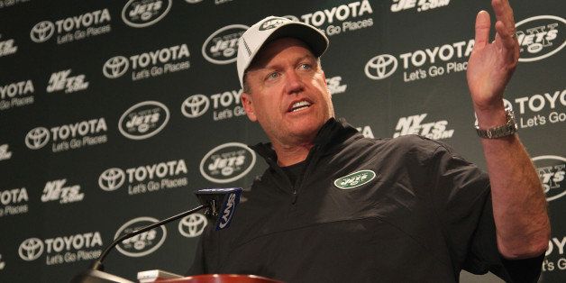FLORHAM PARK, NJ - MAY 12: Head Coach Rex Ryan of the New York Jets addresses the media during New York Jets Rookie Minicamp at the Atlantic Health Jets Training Center on May 12, 2013 in Florham Park, New Jersey. (Photo by Al Pereira/New York Jets/Getty Images)
