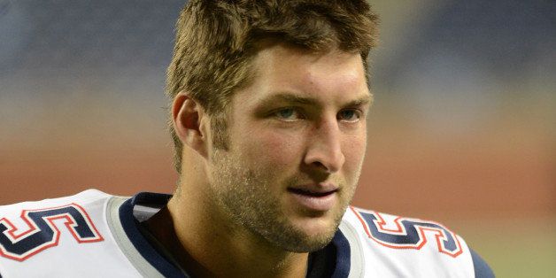 DETROIT, MI - AUGUST 22: Tim Tebow #5 of the New England Patriots looks on after the game against the Detroit Lions at Ford Field on August 22, 2013 in Detroit, Michigan. The Lions defeated the Patriots 40-9. (Photo by Mark Cunningham/Detroit Lions/Getty Images)