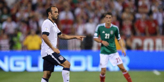 COLUMBUS, OH - SEPTEMBER 10: Landon Donovan #10 of the United States MenÕs National Team directs his teammates as he controls the ball against Mexico in the first half at Columbus Crew Stadium on September 10, 2013 in Columbus, Ohio. (Photo by Jamie Sabau/Getty Images)