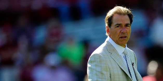 TUSCALOOSA, AL - APRIL 20: Head coach NickSaban of the Alabama Crimson Tide reacts to game action during the A-Day spring game at Bryant-Denny Stadium on April 20, 2013 in Tuscaloosa, Alabama. (Photo by Stacy Revere/Getty Images)