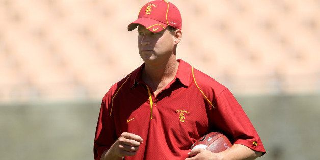 LOS ANGELES, CA - MAY 01: Head coach Lane Kiffin looks on during the USC Trojans spring game on May 1, 2010 at the Los Angeles Memorial Coliseum in Los Angeles, California. (Photo by Stephen Dunn/Getty Images)