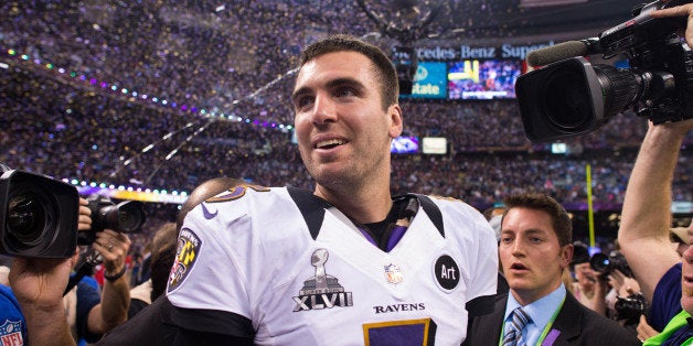 NEW ORLEANS, LA - FEBRUARY 03: Joe Flacco #5 of the Baltimore Ravens celebrates after winning Super Bowl XLVII against the San Francisco 49ers on February 3, 2013 in New Orleans, Louisiana. (Photo by Rob Tringali/SportsChrome/Getty Images)