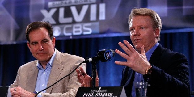 NEW ORLEANS, LA - JANUARY 29: CBS Sports announcers Jim Nantz (L) and Phil Simms speak with the media at a CBS Super Bowl XLVII Broadcasters Press Conference at the New Orleans Convention Center on January 29, 2013 in New Orleans, Louisiana. (Photo by Scott Halleran/Getty Images)