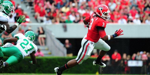 ATHENS, GA - SEPTEMBER 21: Todd Gurley #3 of the Georgia Bulldogs carries the ball against the North Texas Mean Green at Sanford Stadium on September 21, 2013 in Athens, Georgia. (Photo by Scott Cunningham/Getty Images)