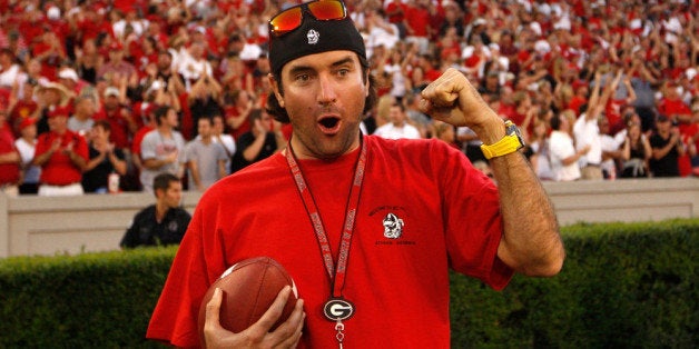 ATHENS, GA - SEPTEMBER 10: PGA golfer Bubba Watson celebrates after a punt return by the Georgia Bulldogs during the game against the South Carolina Gamecocks at Sanford Stadium on September 10, 2011 in Athens, Georgia. (Photo by Kevin C. Cox/Getty Images)