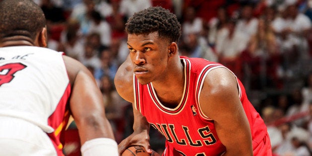 MIAMI, FL - MAY 6: Jimmy Butler #21 of the Chicago Bulls controls the ball against the Miami Heat in Game One of the Eastern