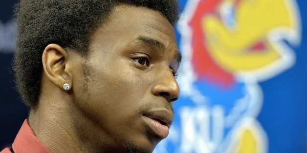 University of Kansas guard Andrew Wiggins answers questions during Big 12 Media Day, Tuesday, October 22, 2013, at the Sprint Center in Kansas City, Missouri. (John Sleezer/Kansas City Star/MCT via Getty Images)