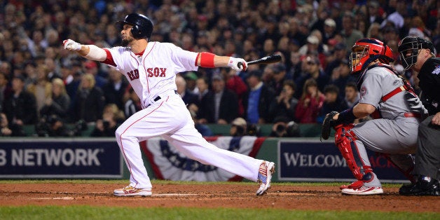 BOSTON, MA - OCTOBER 30: Shane Victorino #18 of the Boston Red Sox hits a three-run triple against the St. Louis Cardinals in