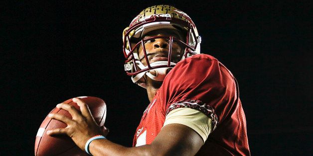 TALLAHASSEE, FL - NOVEMBER 02: Quarterback Jameis Winston #5 of the Florida State Seminoles during pre-game warm-ups before the game against the Miami Hurricanes at Doak Campbell Stadium on Bobby Bowden Field on November 2, 2013 in Tallahassee, Florida. 3rd ranked Florida State defeated 7th ranked Miami 41 to 14. (Photo by Don Juan Moore/Getty Images)