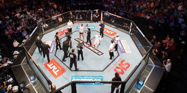 GOIANIA, BRAZIL - NOVEMBER 09: An overhead view of the Octagon as Cezar 'Mutante' Ferreira is declared the victor over Daniel Sarafian during the UFC event at Arena Goiania on November 9, 2013 in Goiania, Brazil. (Photo by Josh Hedges/Zuffa LLC/Zuffa LLC via Getty Images) 