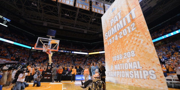 Knoxville, TN - January 28, 2013: Pat Summitt during her banner raising ceremony before the game between Notre Dame Fighting Irish and the Tennessee Lady Volunteers at Thompson-Boling Arena in Knoxville, TN. Photo By Wade Rackley/Tennessee Athletics (Photo by Wade Rackley/Tennessee Athletics/Collegiate Images/Getty Images) 