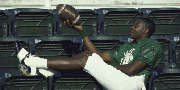 Coll. Football: Feature. Portrait of Mississippi Valley St. Jerry Rice #88 alone, posing in stands holding ball. (Photo by Jerry Lodriguss//Time Life Pictures/Getty Images)