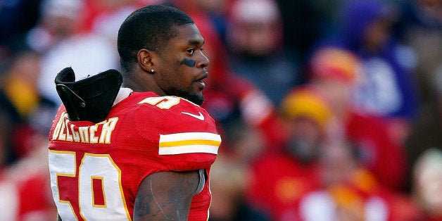 KANSAS CITY, MO - NOVEMBER 25: Inside linebacker Jovan Belcher #59 of the Kansas City Chiefs walks off the field during his final game against the Denver Broncos at Arrowhead Stadium on November 25, 2012 in Kansas City, Missouri. (Photo by Jamie Squire/Getty Images)