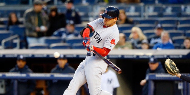 NEW YORK, NY - APRIL 03: (NEW YORK DAILIES OUT) Jacoby Ellsbury #2 of the Boston Red Sox in action against the New York Ya