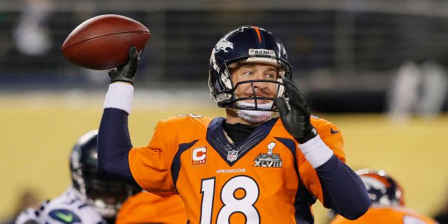 EAST RUTHERFORD, NJ - FEBRUARY 02: Quarterback Peyton Manning #18 of the Denver Broncos pases in the fourth quarter while taking on the Seattle Seahawks during Super Bowl XLVIII at MetLife Stadium on February 2, 2014 in East Rutherford, New Jersey. (Photo by Kevin C. Cox/Getty Images)