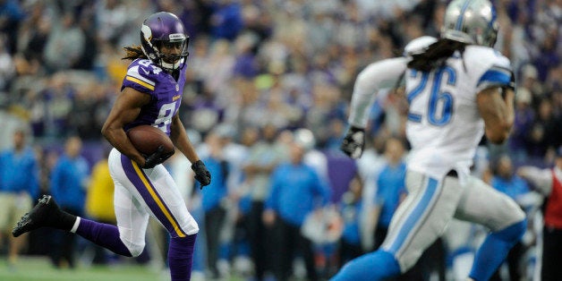 MINNEAPOLIS, MN - DECEMBER 29: Cordarrelle Patterson #84 of the Minnesota Vikings carries the ball against the Detroit Lions during the first quarter of the game on December 29, 2013 at Mall of America Field at the Hubert H. Humphrey Metrodome in Minneapolis, Minnesota. Patterson scored a touchdown on the play. (Photo by Hannah Foslien/Getty Images)