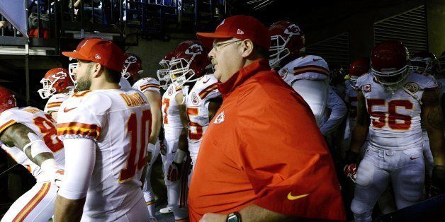 Kansas City Chiefs head coach Andy Reid prepares to enter the field with the team before the AFC Wild Card Game against the Indianapolis Colts at Lucas Oil Stadium in Indianapolis, Ind., Saturday, Jan. 4, 2014. The Colts defeated the Chiefs, 45-44. (John Sleezer/Kansas City Star/MCT via Getty Images)
