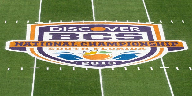MIAMI GARDENS, FL - JANUARY 7: A general view of the 2013 Discover BCS National Championship logo at midfield prior to the g