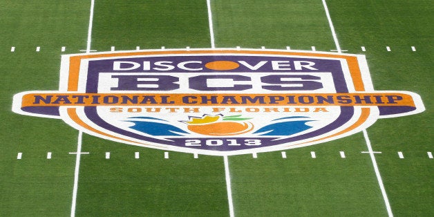 MIAMI GARDENS, FL - JANUARY 7: A general view of the 2013 Discover BCS National Championship logo at midfield prior to the game between the Alabama Crimson Tide and the Notre Dame Fighting Irish at Sun Life Stadium on January 7, 2013 in Miami Gardens, Florida. Alabama defeated Notre Dame 42-14. (Photo by Joel Auerbach/Getty Images)