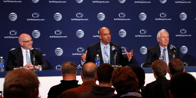 STATE COLLEGE, PA - JANUARY 11: James Franklin, head coach of the Penn State Nittany Lions addresses the media between Dave Joyner, Director of Athletics of The Pennsylvania State University (Left) and Rodney Erickson, President of The Pennsylvania State University on January 11, 2014 at Beaver Stadium in State College, Pennsylvania. (Photo by Justin K. Aller/Getty Images)