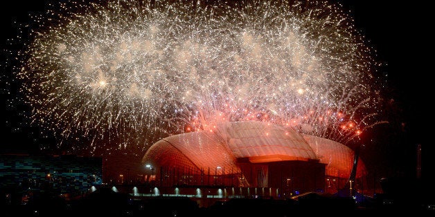 SOCHI, RUSSIA - FEBRUARY 7: Fireworks light up the sky over the Fisht Olympic Stadium at end of the opening ceremony of the