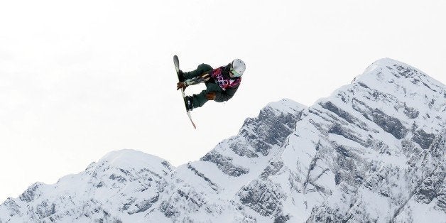 Czech Republic's Sarka Pancochova competes in the Women's Snowboard Slopestyle Final at the Rosa Khutor Extreme Park during t