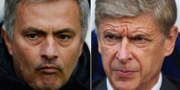 (FILE PHOTO - EDITORS NOTE: COMPOSITE OF TWO IMAGES - Image Numbers 186970818 (L) and 185913816) In this composite image a comparison has been made between Chelsea Manager Jose Mourinho (L) and Arsenal Manager Arsene Wenger. The Premier League match between Arsenal and Chelsea takes place on December 23, 2013 at the Emirates Stadium, London, England. ***LEFT IMAGE*** NEWCASTLE UPON TYNE, ENGLAND - NOVEMBER 02: Chelsea manager Jose Mourinho watches on during the Barclays Premier League match between Newcastle United and Chelsea at St James' Park on November 02, 2013 in Newcastle upon Tyne, England. (Photo by Mark Runnacles/Getty Images) ***RIGHT IMAGE*** LONDON, ENGLAND - OCTOBER 26: Arsene Wenger, manager of Arsenal looks on during the Barclays Premier League match between Crystal Palace and Arsenal at Selhurst Park on October 26, 2013 in London, England. (Photo by Clive Rose/Getty Images)