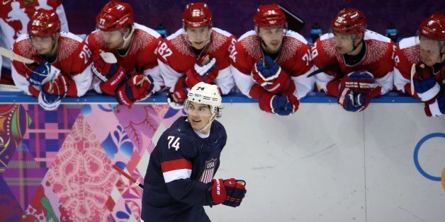 USA forward T.J. Oshie (74) after scoring during a shootout against Russia in a men's hockey game at Bolshoy Ice Dome during the Winter Olympics in Sochi, Russia, Saturday, Feb. 15, 2014. USA defeated Russia, 3-2. (Brian Cassella/Chicago Tribune/MCT via Getty Images)