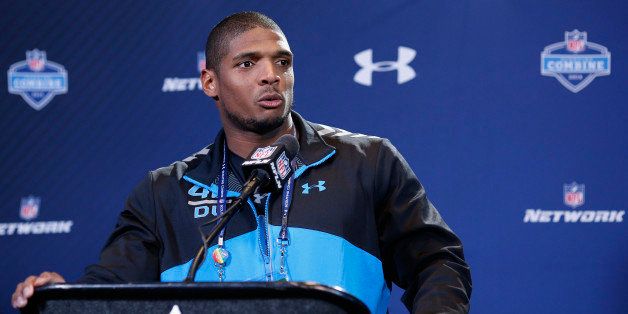 INDIANAPOLIS, IN - FEBRUARY 22: Former Missouri defensive lineman Michael Sam speaks to the media during the 2014 NFL Combine at Lucas Oil Stadium on February 22, 2014 in Indianapolis, Indiana. (Photo by Joe Robbins/Getty Images) 