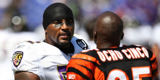 BALTIMORE - SEPTEMBER 7: Linebacker Ray Lewis #52 of the Baltimore Ravens speaks with Chad Ocho Cinco #85 of the Cincinnati Bengals at M & T Bank Stadium on September 7, 2008 in Baltimore, Maryland. The Ravens won 17-10. (Photo by Ned Dishman/Getty Images)