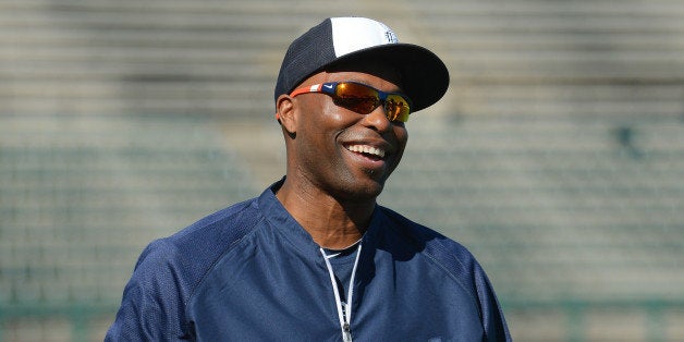 LAKELAND, FL - FEBRUARY 18: Torii Hunter #48 of the Detroit Tigers looks on and smiles during the spring training workout da