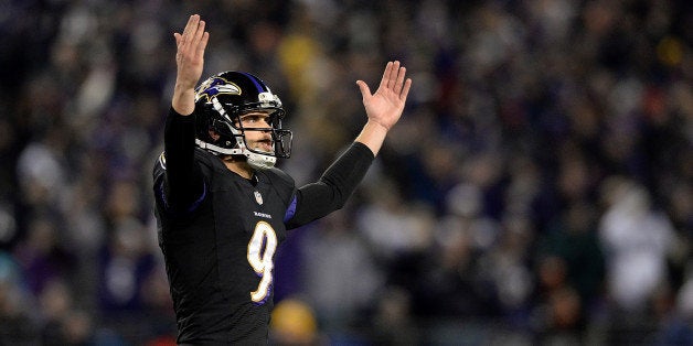 BALTIMORE, MD - NOVEMBER 28: Justin Tucker #9 of the Baltimore Ravens celebrates after making a field goal in the fourth qua