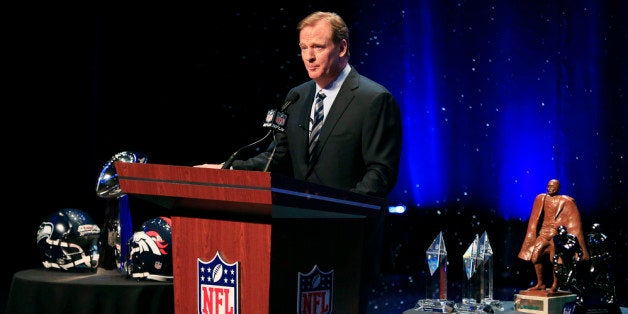 NEW YORK, NY - JANUARY 31: NFL Commissioner Roger Goodell speaks during a Super Bowl XLVIII news conference at the Rose Thea