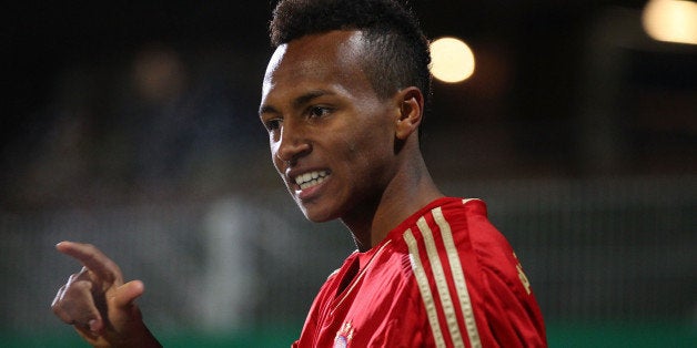 GROSSASPACH, GERMANY - OCTOBER 29: Julian Green of Muenchen celebrates his goal during the A Juniors Bundesliga match between VfB Stuttgart U19 and FC Bayern Muenchen U19 at comtech Arena on October 29, 2012 in Grossaspach, Germany. (Photo by Thomas Niedermueller/Bongarts/Getty Images)