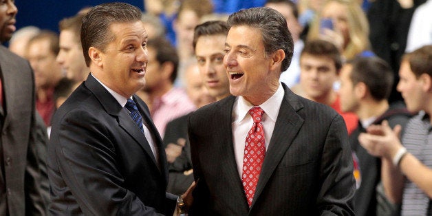 Kentucky Wildcats head coach John Calipari, left, greetedd Louisville Cardinals head coach Rick Pitino before the game at Rupp Arena in Lexington, Kentucky, Saturday, December 31, 2011. Kemtucky defeated Louisville, 69-62. (Mark Cornelison/Lexington Herald-Leader/MCT via Getty Images)