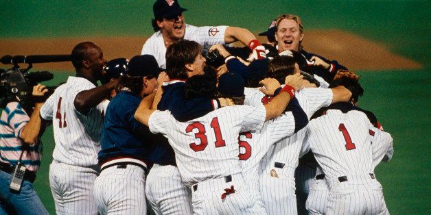 MINNEAPOLIS - OCTOBER 27: Minnesota Twins players celebrate after winning Game Seven of the 1991 World Series against the Atlanta Braves at the Metrodome on October 27, 1991 in Minneapolis, Minnesota. The Twins defeated the Braves 1-0. (Photo by Focus on Sport/Getty Images)